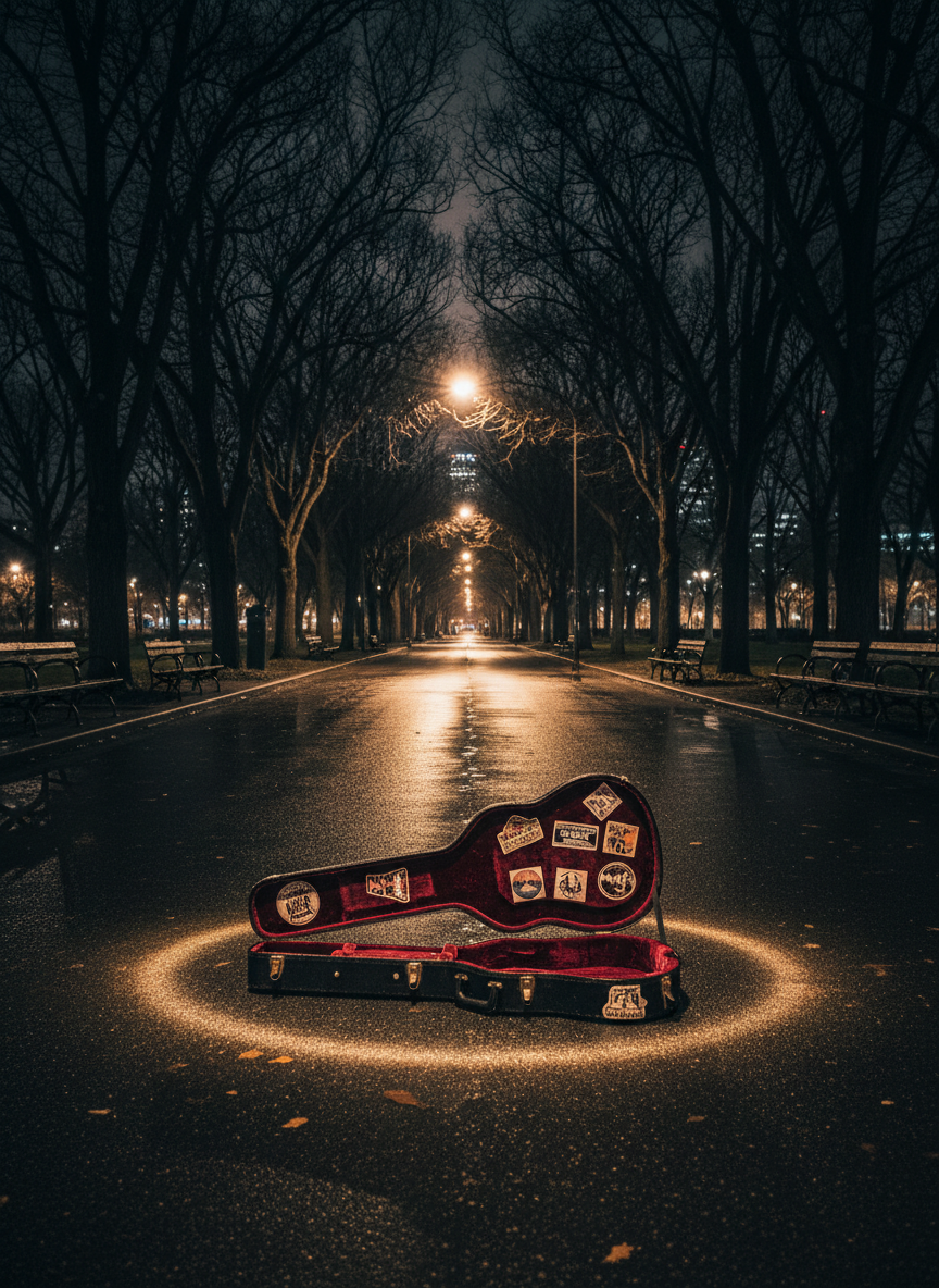 A wide, empty urban park pathway at night, slick with recent rain, cuts through a dense framing of dark trees and silhouetted benches. At the path’s center, a single black guitar case, covered in travel stickers from DC, Maryland, and Virginia, lies partially open, revealing a hint of crimson velvet interior. Overhead, sodium-vapor streetlights cast a golden, cinematic glow, creating long reflections on the wet pavement and a moody halo around the case. In the far distance, the blurred glow of city lights suggests a lively music scene beyond the park. Photographic realism, shot from a low, centered perspective with strong leading lines and deep focus. The atmosphere is bold, mysterious, and slightly rebellious, evoking the title “A Walk In The Park” with a hard-edged rock attitude.