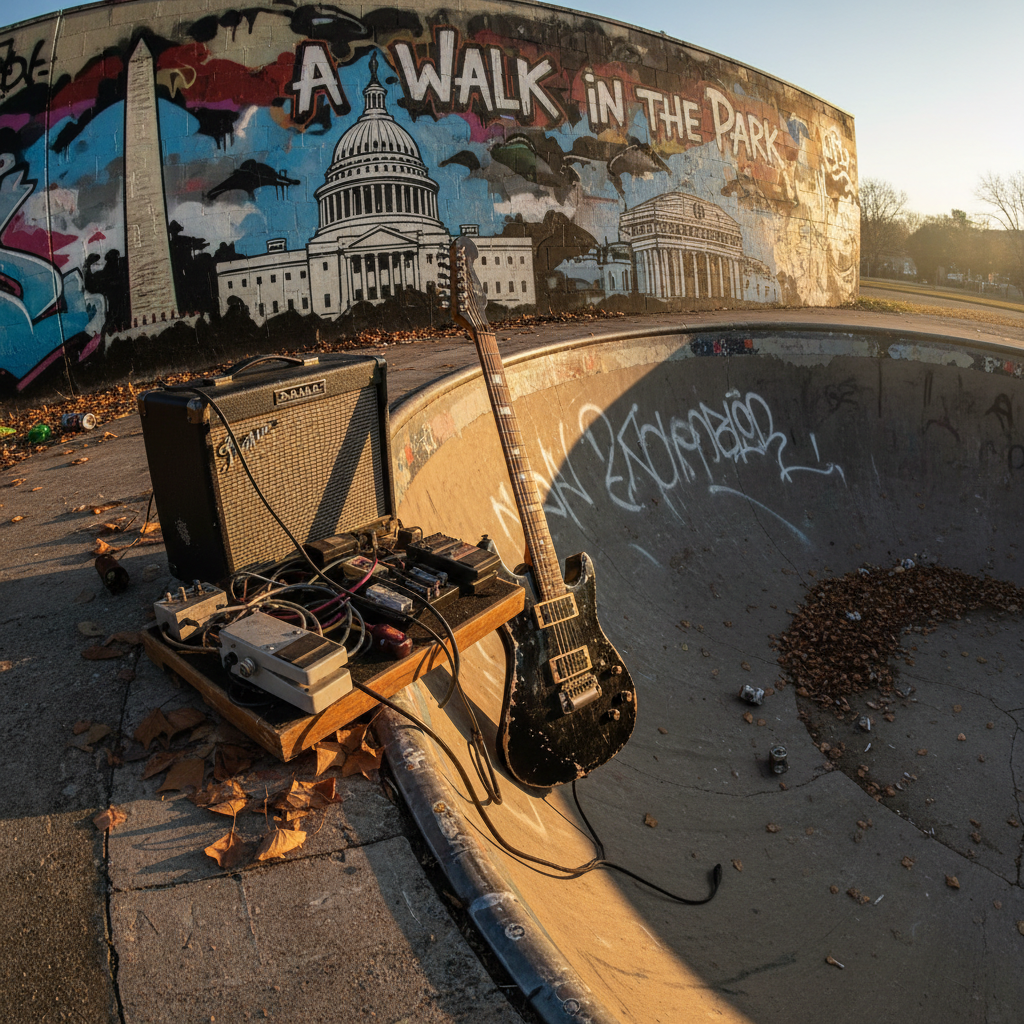 An abandoned concrete skate bowl in a gritty DMV park is transformed into a rock altar, with a rugged portable amp, pedalboard, and a battered black guitar propped against a graffiti-covered wall. The graffiti includes stylized references to “A Walk In The Park” and subtle nods to local landmarks. Late-afternoon golden-hour sunlight slices across the bowl, creating long, dramatic shadows and glowing highlights on the guitar’s chipped paint and metal strings. Fallen leaves and crushed soda cans add texture to the scene. Photographic realism, captured from a low, wide-angle perspective that exaggerates the bowl’s curves and creates dynamic leading lines. The mood is raw, rebellious, and unapologetically bold, marrying park culture with rock attitude in a distinctly DMV setting.