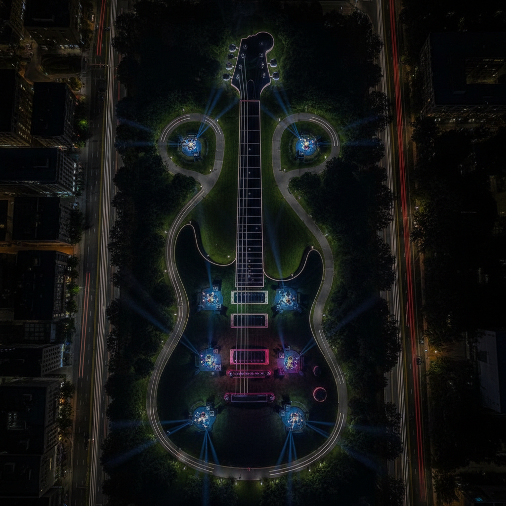 A nighttime aerial view of a city park in the DMV region shows winding, tree-lined paths forming the subtle shape of a guitar when seen from above. Along the paths, small, glowing stage risers with amps and drum kits are set up like waypoints, each spilling rich, colorful light onto the surrounding grass. The rest of the cityscape remains in shadow, with only distant, blurred building lights twinkling at the edges. Photographic realism leaning toward cinematic, captured with sharp clarity and long exposure to create light trails from passing traffic nearby. The composition uses strong symmetry and leading lines to emphasize the guitar shape. The mood is bold, epic, and slightly surreal, suggesting that the entire park is alive with rock music energy.