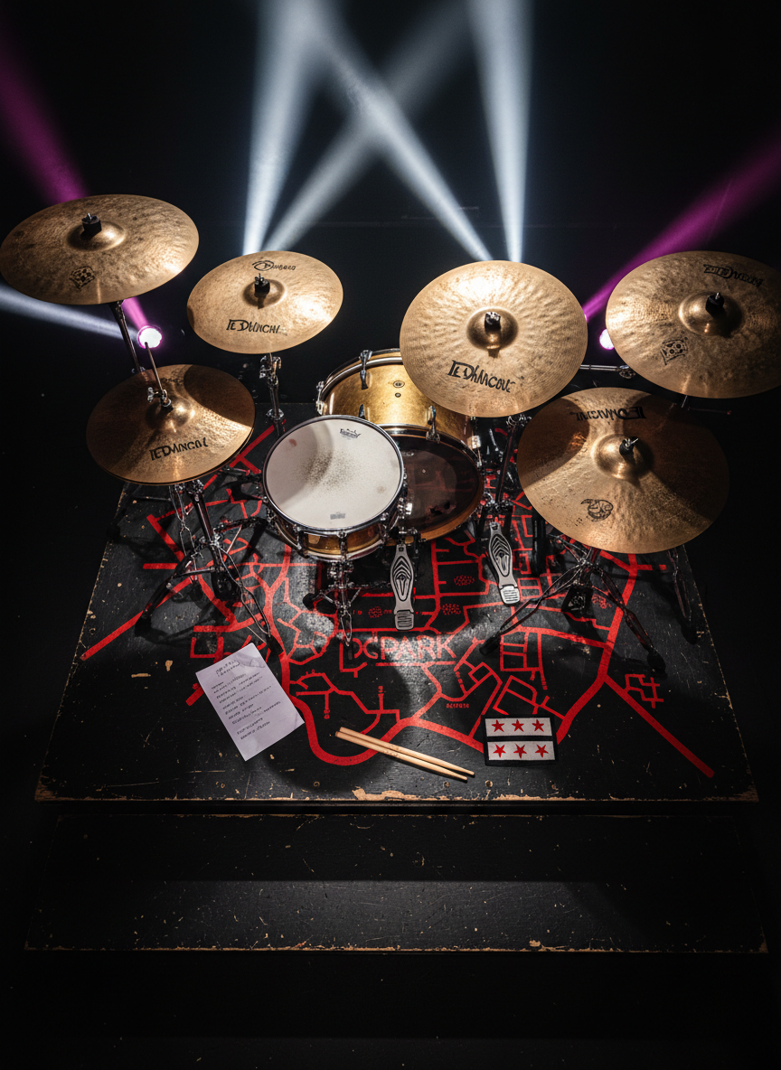 A dramatic overhead shot of a set of drum cymbals and snare drum arranged on a black riser, each cymbal bearing fine stick marks and a warm bronze sheen. A bold red and black park map stencil is spray-painted on the riser surface beneath the kit, subtly hinting at the band’s name. White and magenta stage lights slash across the scene, creating sharp reflections on the cymbals and deep shadows between drum hardware. Stray drumsticks, a crumpled setlist, and a small DC flag patch lie scattered nearby. Photographic realism with high contrast and crisp detail, emphasizing the textures of metal, wood, and paint. The mood is kinetic and edgy, suggesting explosive rock rhythms echoing through venues across the DMV.