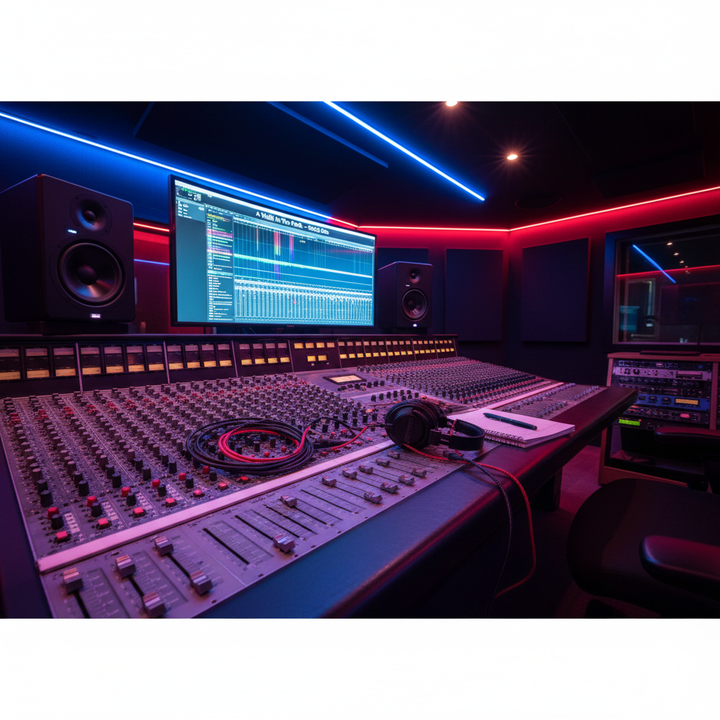 A sleek, modern recording studio control room glows with activity, featuring a large mixing console bristling with faders and knobs, all subtly labeled with DMV neighborhood names. Twin studio monitors flank a wide screen showing an audio waveform titled “A Walk In The Park – Rock Mix.” The room is bathed in bold, saturated colored LED lighting—deep electric blue and crimson red—reflecting off brushed metal surfaces and dark acoustic panels. Coiled cables, a pair of rugged studio headphones, and a well-worn rock playlist notebook rest on the console. Photographic realism, shot from a slightly elevated, three-quarter angle with moderate depth of field. The atmosphere is focused yet high-energy, conveying the precision and power behind crafting the best rock-mix in the DMV.