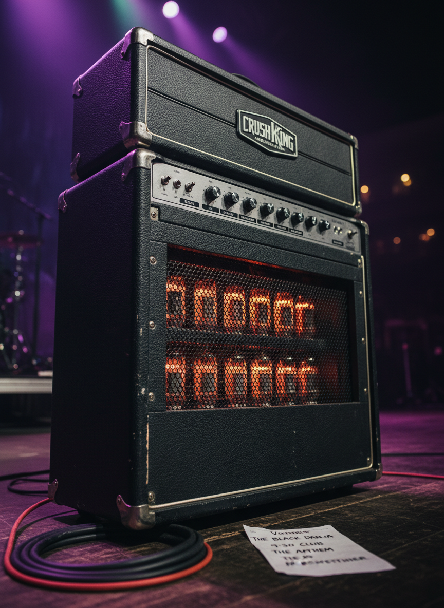 A close-up of a powerful black amplifier stack with textured tolex covering, metal corner guards, and glowing orange tube lights visible through the rear grille, dominates the frame. The amp’s front panel, featuring silver control knobs set to aggressive volume levels, catches razor-sharp highlights from angled stage spotlights. Coiled cables and a worn setlist labeled with DMV venue names rest at the base on a rough, dark stage surface. The background dissolves into moody darkness with subtle bokeh hints of colored stage lights. Photographic realism, captured from a slightly low, tight angle that makes the amp feel towering and dominant. The mood is bold, loud, and unapologetically rock, emphasizing raw power and the driving energy behind the best rock-mix in the DMV.